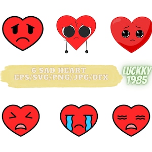 6 corazones tristes SVG, Bebé Benito, Clipart Sublimación, silueta, corazón llorando, dolor
