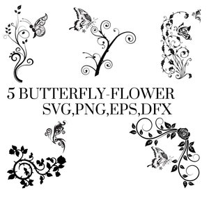 5 vlinder SVG, bloem svg, herfst svg, Cricut, Clipart, Cricut SVG, silhouet, instant download, vector kunst pdf, jpeg, eps, png
