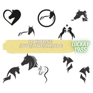 10 cheval, cheval, Svg, tête de cheval, Svg Animal, clipart animaux, Silhouette animale, Svg, AI, Png, fichiers Cricut, lot, Silhouette, découpe