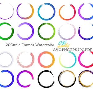 20 Circle Frames Watercolor Clipart, Round Digital Frame, Logo Clipart, Hand Painted PNG Frames Graphics, Grunge Circle, Digital Download