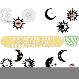 12 Mystical Moon SVG,Mystical Sun Svg | Celestial Svg | Mystical Sun Clipart | Wicca, Witchcraft and Magic Bundle Svg Png,AI
