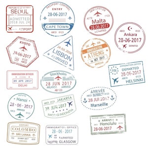 36 reizen stempel SVG, stempel Svg-bundel, paspoortstempel, poststempel svg, stempel clipart, paspoort clipart, postzegels toerisme, vector stempels, poststempel