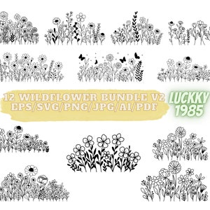 12 fiori selvatici in formato SVG, prato fiorito in formato SVG, bordo floreale in formato SVG, bouquet di fiori minimalista, clipart di fiori selvatici V2