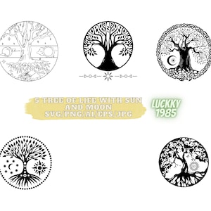 5 Tree Of Life With Sun And Moon SVG | Celtic Tree With Roots | Cricut Silhouette Cutting File Printable Clipart Vector Digital  Png Eps Ai