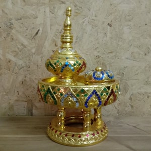Dekoracje do domu, zestaw 3 drewnianych elementów, Rzeźba w drewnie, Pojemnik na lannę tajską, Stupa z drewna, Szkatułka, Pojemnik, Pokrywa ze złota, Taca z drewna, Lustro witrażowe