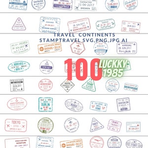 100 reizen continenten stampReizen SVG, PNG, JPG Stamp Svg-bundel, paspoortstempel, poststempel svg, stempel clipart, paspoort clipart, postzegels toerisme