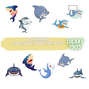 10 requins Svg, requin garçon fille, requin lunettes de soleil svg, svg requin mignon, requin coupe fichier svg jpg png dxf Silhouette