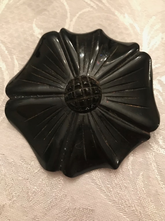 Large Black Deeply Carved Bakelite Flower Brooch P