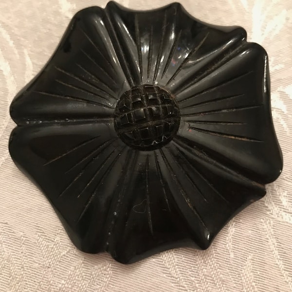 Large Black Deeply Carved Bakelite Flower Brooch Pin