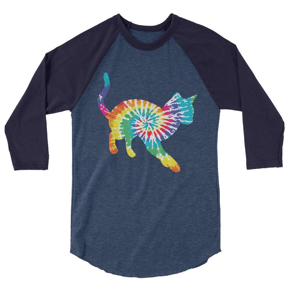 Tie Dye Cat 3/4 Sleeve Raglan Shirt, Tie Dyed Kitty Print, Cat Lady