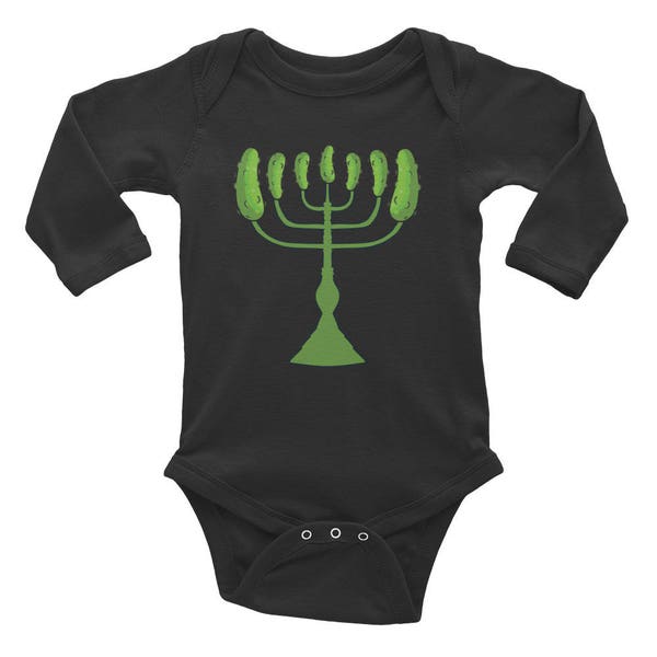 Pickle Menorah, Funny Hanukkah Baby Shirt, Jewish Holiday Infant Long Sleeve Bodysuit