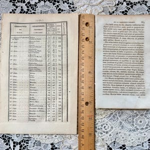 K&ouml;nnte beinhalten: Antike Buchseiten mit Text und einem Holzlineal. Die Seiten sind gealtert und weisen Spuren von Abnutzung auf, mit Text- und Zahlenkolumnen. Das Lineal ist in Zoll markiert und dient als Gr&ouml;&szlig;enreferenz.