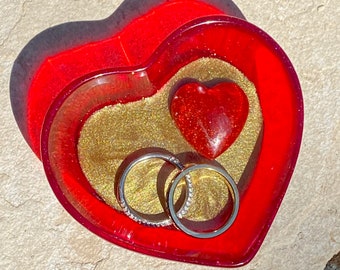 Hartvormige ringschaal, rode en gouden hart snuisterij kom, snuisterij tray, zeep afwasbakje