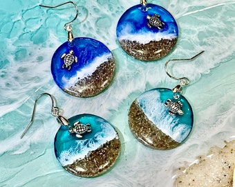 Sandy beach earring with swimming sea turtle, beach jewelry, sea turtle earring, tropical jewelry  #2080