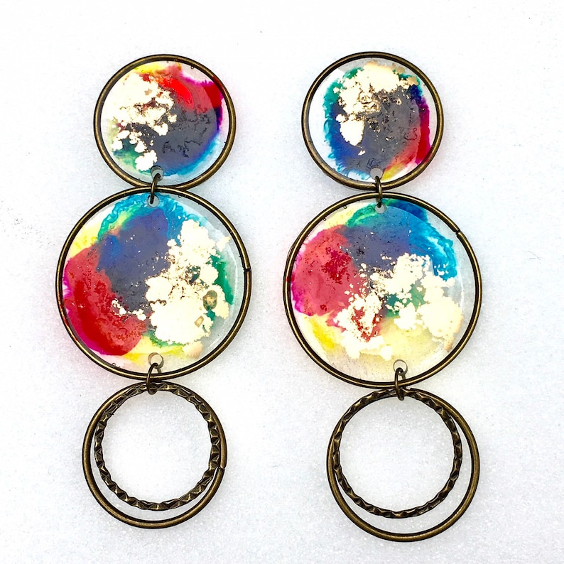 long resin drop earrings statement earrings #2030 Multi color ink dyed triple hoop earrings resin jewelry