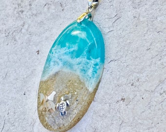 Sandy beach pendant with sea turtle, sea turtle necklace , tropical jewelry