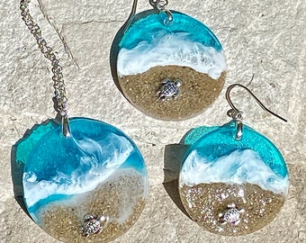 Sandy beach with sea turtle earring and pendant set, beach jewelry, sea turtle earring and pendant, tropical jewelry