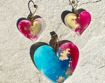 Heart shaped gold and pink earrings and pendant set, heart jewelry #2314