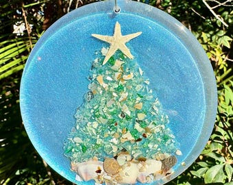 Ozdoby plażowe z choinką, ozdoba świąteczna na plażę, ozdoba ze szkła morskiego, ozdoba z muszli