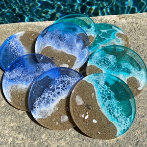Beach coasters with sea turtle, opaque blue coasters with silver sea turtle and shells, blue coasters