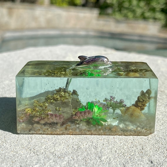 Silver Dolphin Mini Sculpture Resin Ocean Aquarium Rectangle