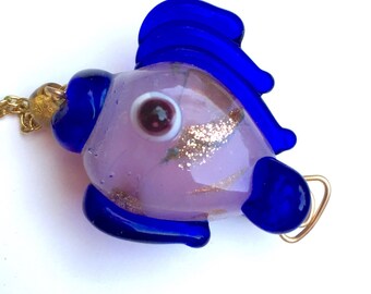 Large Pink and blue glass fish pendant, glass fish necklace