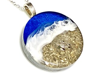 Sandy beach pendant with sea turtle,beach jewelry, beach necklace, tropical jewelry
