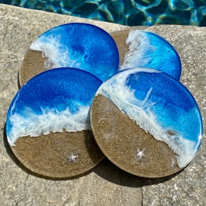 Beach coasters with silver starfish, Ocean resin art, epoxy resin art, beach resin art, ocean wave art, coastal resin art