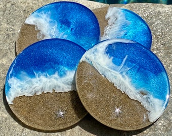 Beach coasters with silver starfish, Ocean resin art, epoxy resin art, beach resin art, ocean wave art, coastal resin art