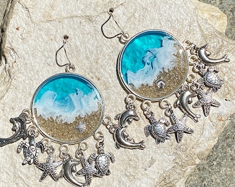 Sandy beach earring with sea turtle, beach jewelry, sea turtle earring, tropical jewelry  #2166
