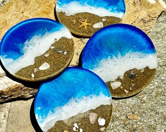 Beach coasters with sea turtle, silver sea turtle coaster, blue coaster, beach resin art