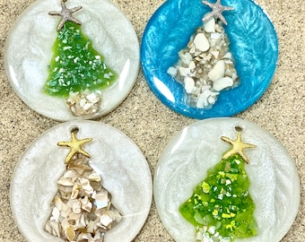 Beach ornaments with Christmas tree, glow in the dark Beach Christmas ornament, sea glass ornament, shell ornament