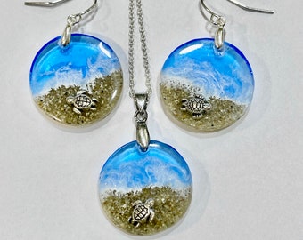 Sandy beach earring or pendant with sea turtle, beach jewelry, sea turtle earring, tropical jewelry  #2080B