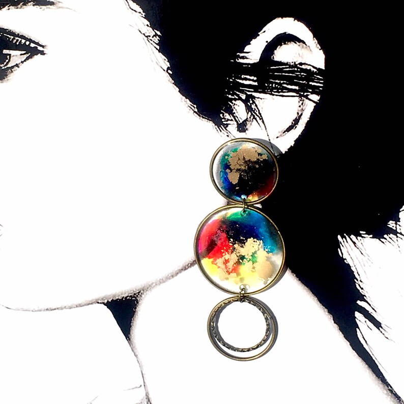 long resin drop earrings statement earrings #2030 Multi color ink dyed triple hoop earrings resin jewelry
