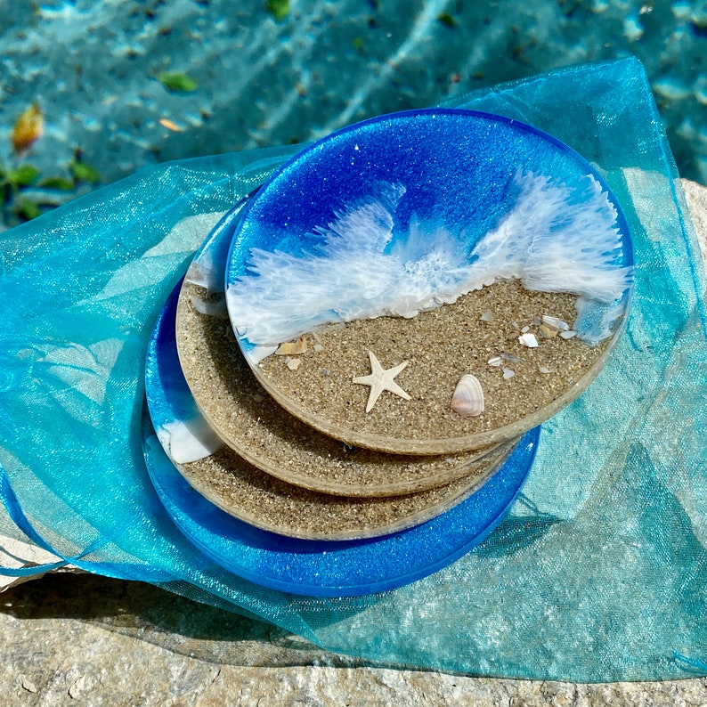 Beach Coasters With Sea Shell Blue Coasters Shell Coasters - Etsy