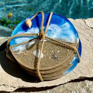 Sous-verres de plage avec tortue de mer, sous-verre de tortue de mer argentée, sous-verre bleu, art en résine de plage