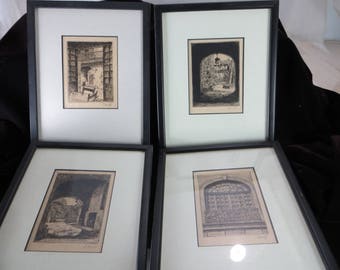 New Orleans Etsen Originele Potlood Ondertekend Alice Standish Buell Vintage 1930's Listed American Woman Artist Set van 4 Well Framed