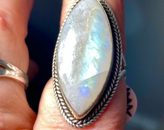 Large Rainbow Moonstone Sterling Ring Size 9.1/4