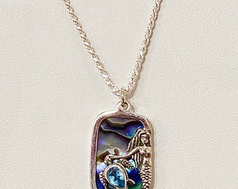 Mermaid Sterling Silver Pendant Set in Abalone with Topaz and Chain