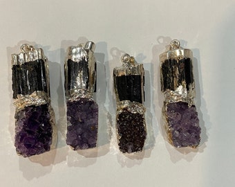 Amethyst & Black Tourmaline Stacked Pendant with Chain