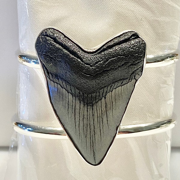 Megalodon Shark Tooth 925 Sterling Silver Mens Cuff Bracelet Fathers Day Gift