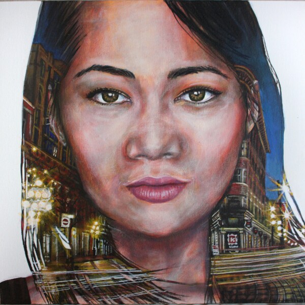 Realistic Acrylic Painting on Canvas Portrait Beautiful Asian Girl Wind Hair Vancouver Gastown City Night Yellow Lights Scene Art 16x20 Art
