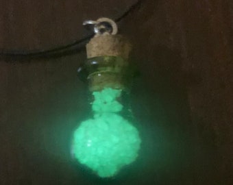 Glowing Green Vial Necklace on Black Cord