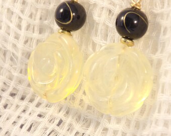 Pale yellow glass rose earrings