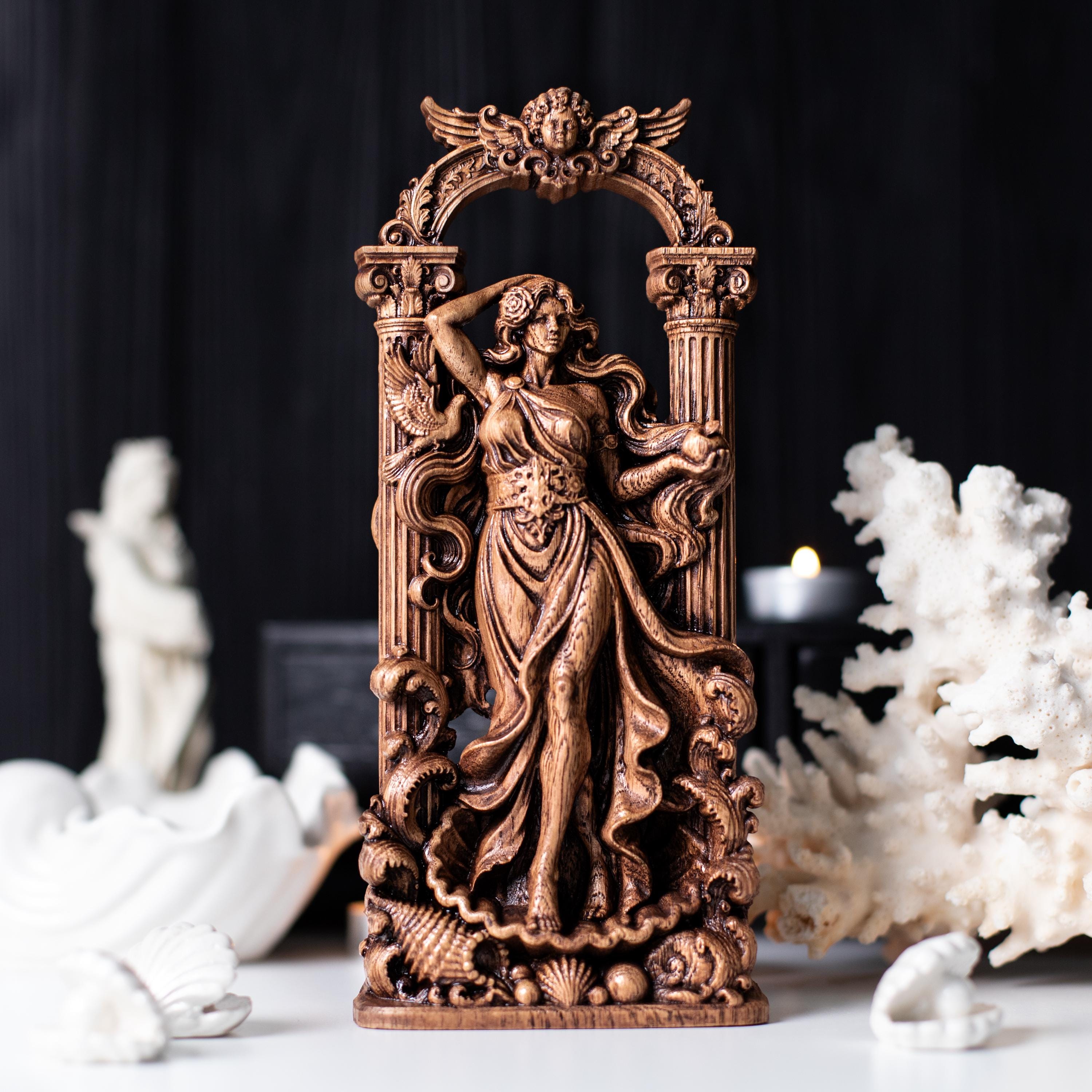 Aphrodite Statue, Carved Wood Decor for Venus Altar | Greek Mythology Goddess Statue, Hellenic Polytheism