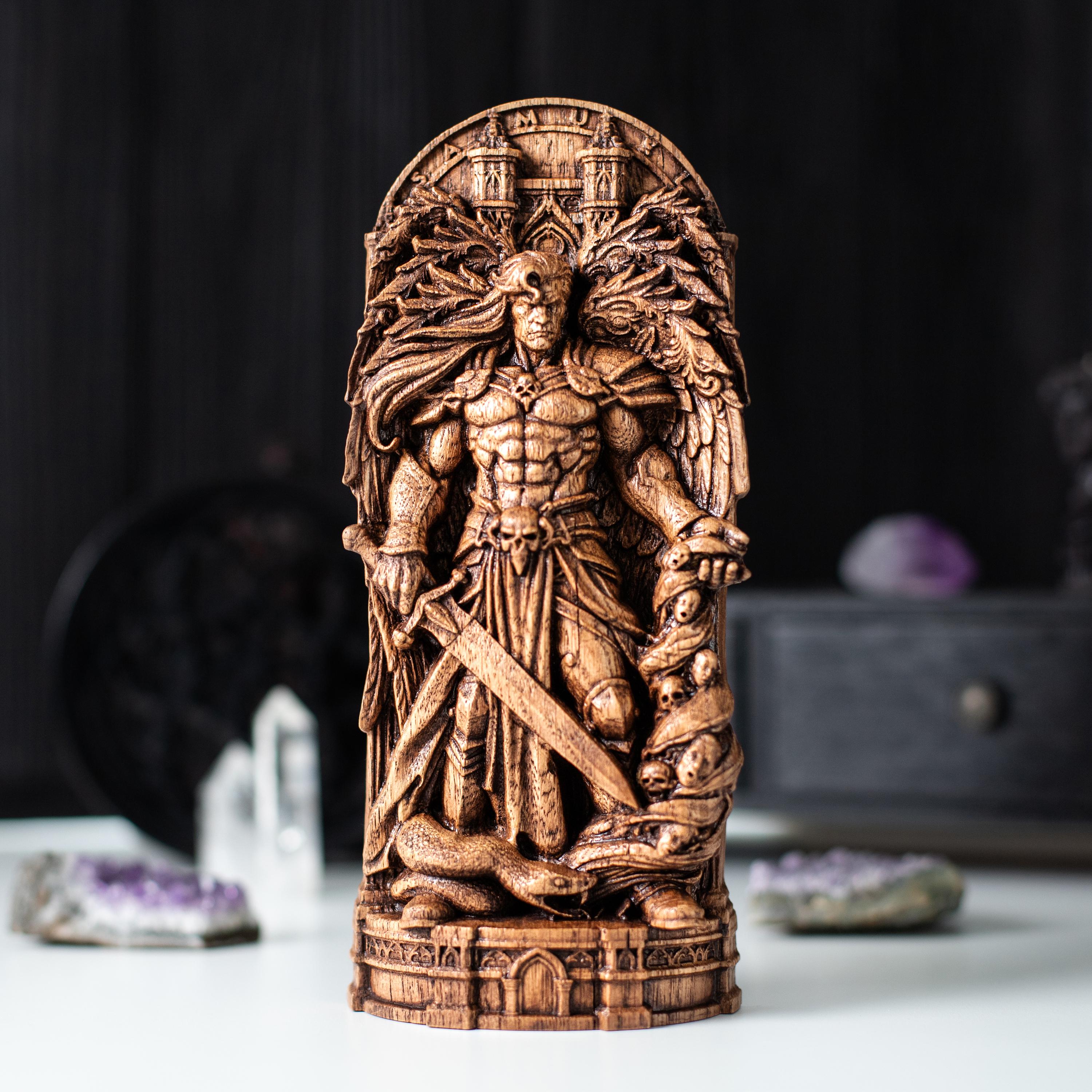 Samael - Lucifer Statue: Wood Carving Fallen Angel of Luciferian