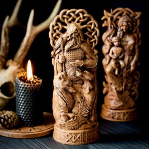 Odin statue with Yggdrasil, wolves Geri and Freki, ravens Hugin and Munin – Norse statue in Wotan idols Scandinavian gods Odin figurine image 5