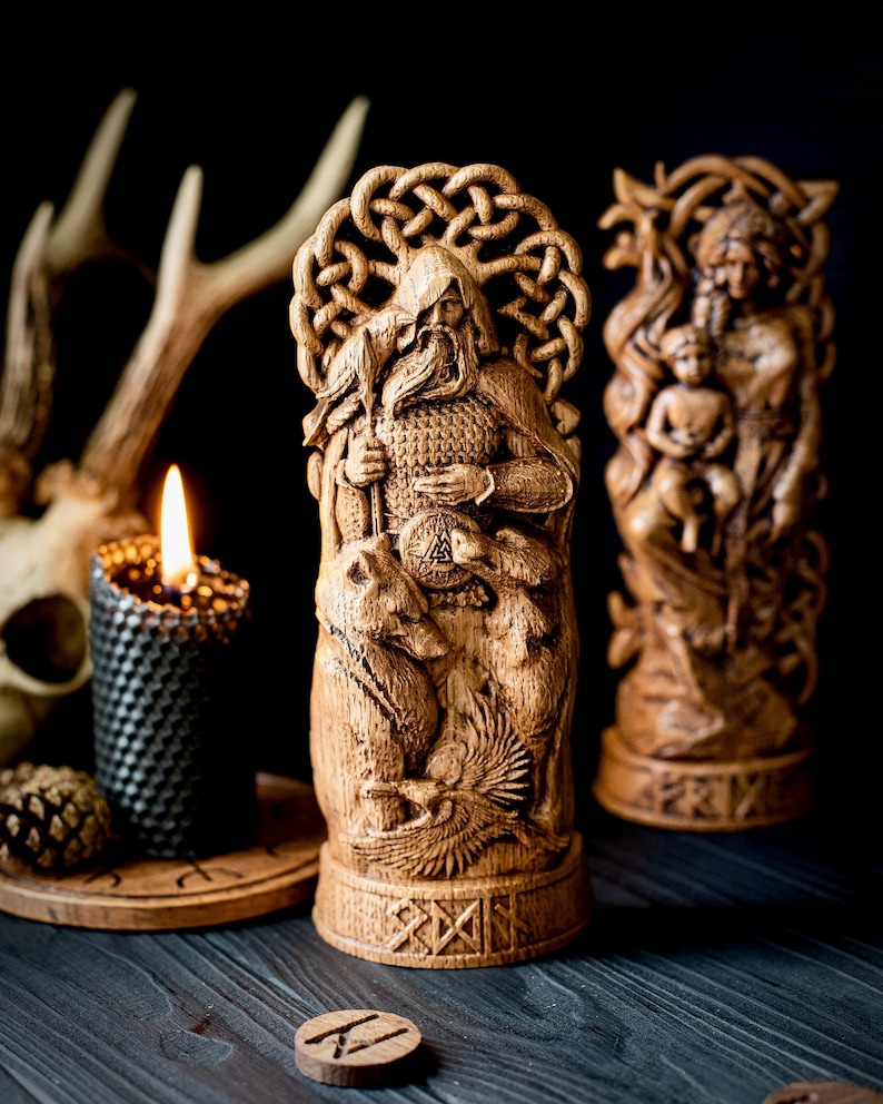Odin statue with Yggdrasil, wolves Geri and Freki, ravens Hugin and Munin – Norse statue in Wotan idols Scandinavian gods Odin figurine image 5