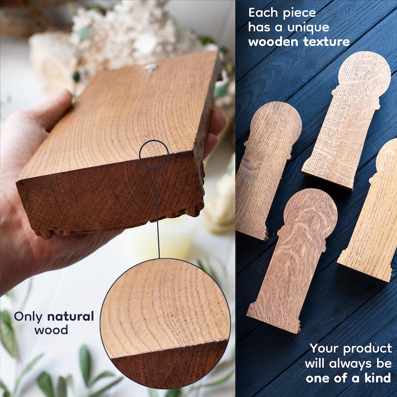 Op de afbeelding: Een rechthoekig houten blok met een natuurlijke houtnerf en een donkerbruine rand. De tekst "Only natural wood" is zichtbaar. Er worden verschillende houten decoratieve stukken getoond, met de tekst "Each piece has a unique wooden texture" en "Your product will always be one of a kind".