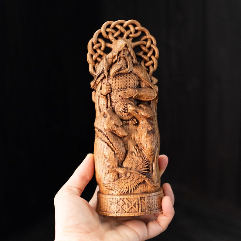 Odin statue with Yggdrasil, wolves Geri and Freki, ravens Hugin and Munin – Norse statue in Wotan idols Scandinavian gods Odin figurine image 9